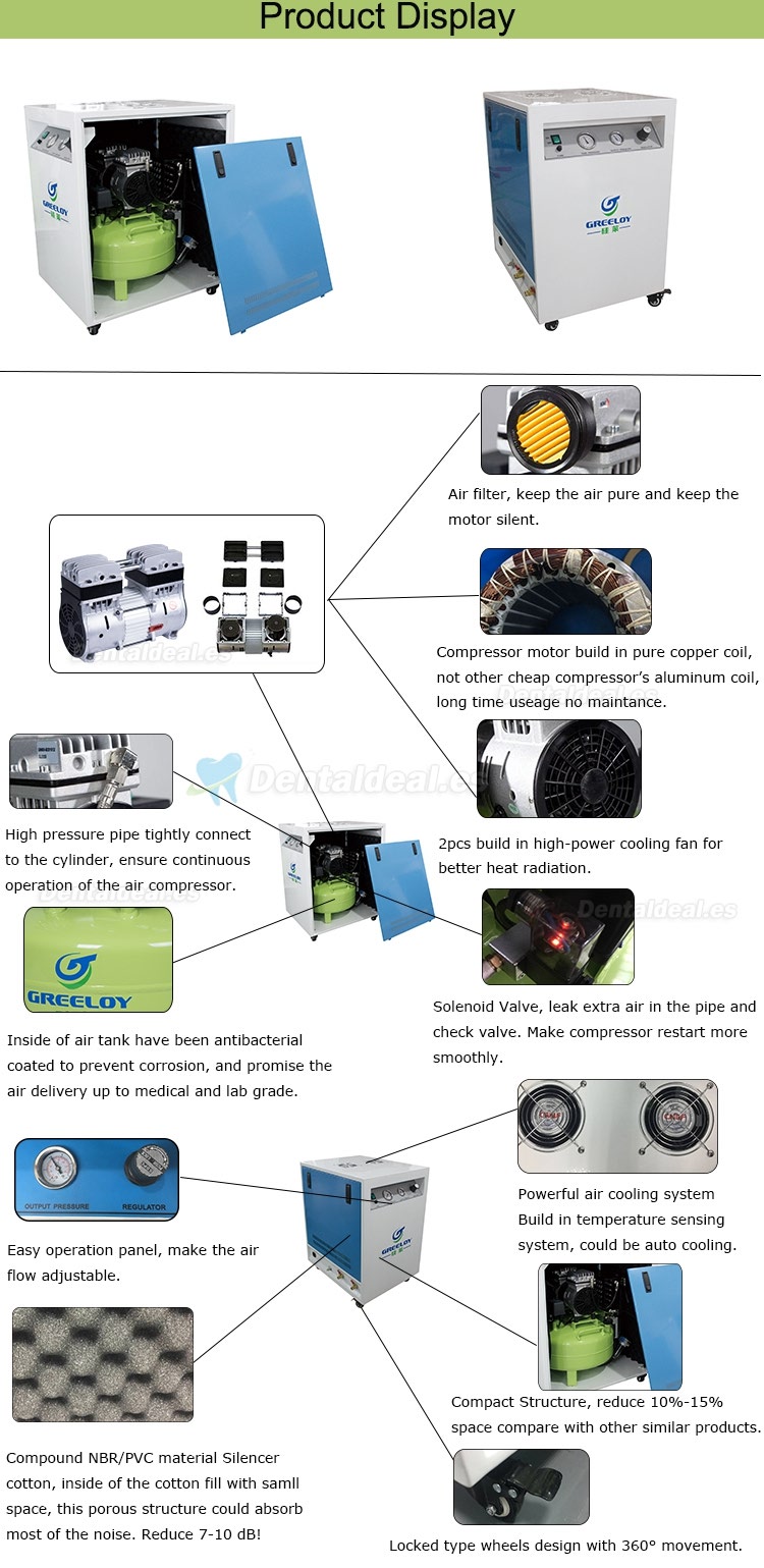 Greeloy 600W Compresores de Aire Sin aceite Con Secador y Gabinete a Prueba de Ruido GA-61XY